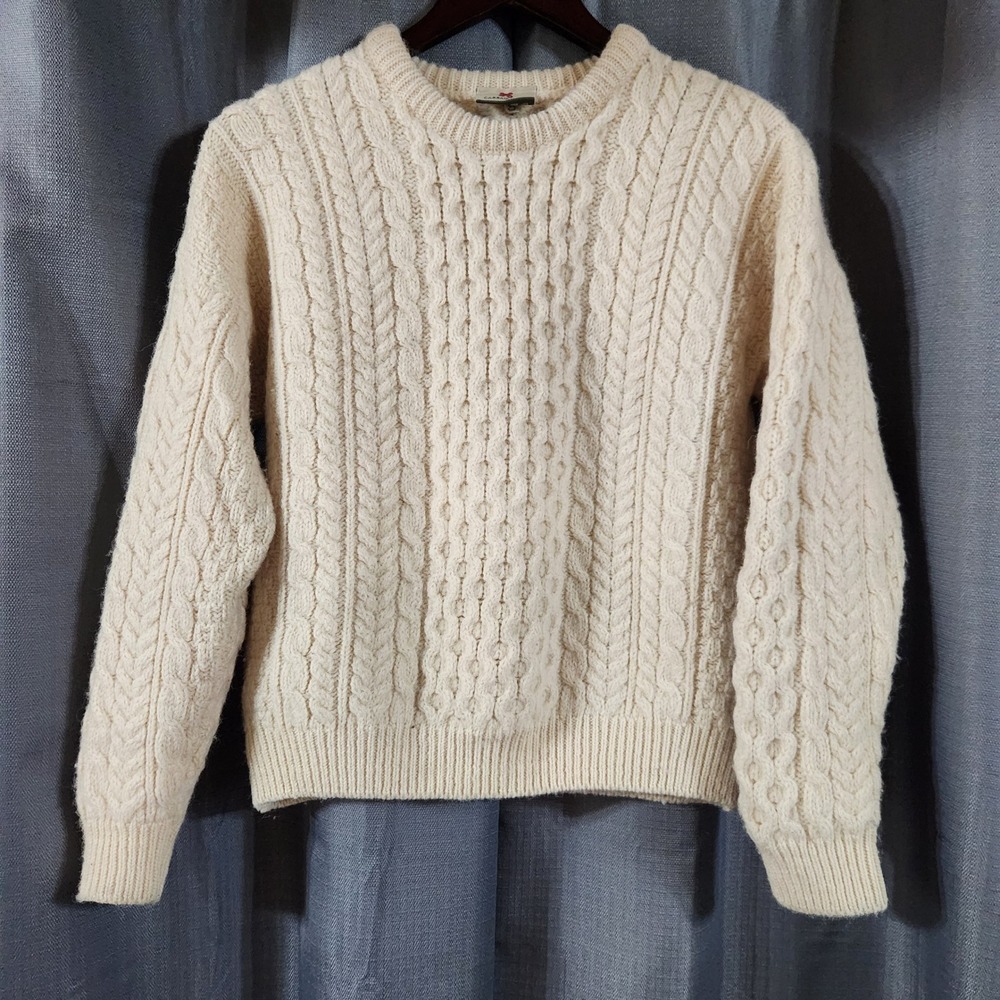 Vintage Carraig Donn Cream 100% Pure New Wool Cable Knit Irish Sweater W's Small